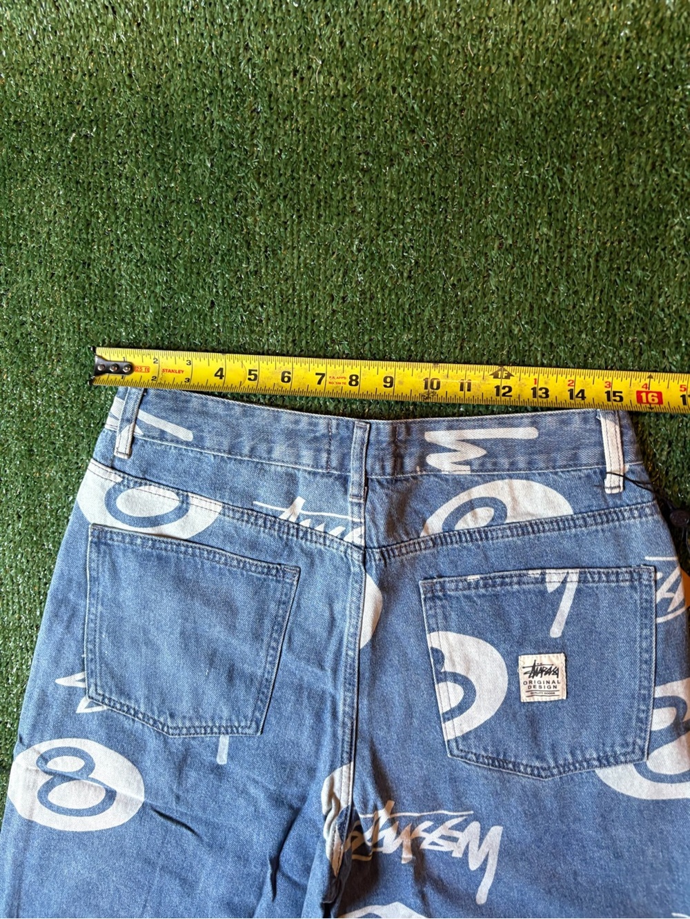 Stussy Blue Denim Shorts with White Graphic Print - Picture 6 of 6